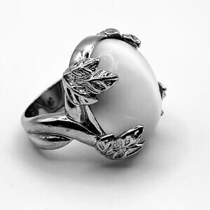 Cat's Eye Moonstone Ring Large Bold Chunky 18KR White Gold Rolled Plated